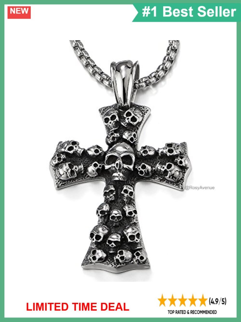 Stainless Steel Gothic Skulls Cross Pendant Necklace Wheat Chain Men